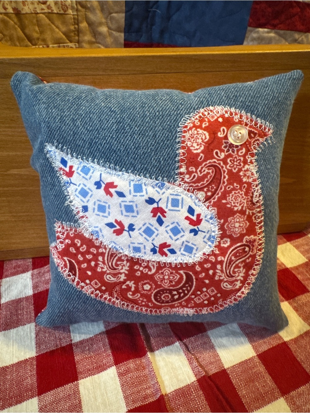 Handmade Blue Denim Duck Pillow with Red Paisley Accent